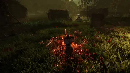 HD desktop wallpaper from the video game The Quinfall, showcasing a character amidst glowing sparks in a lush, grassy environment.