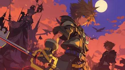 A vibrant HD wallpaper featuring Sora from Kingdom Hearts, wielding his iconic Keyblade against a dramatic sunset backdrop, with shadowy figures and a full moon in the distance.