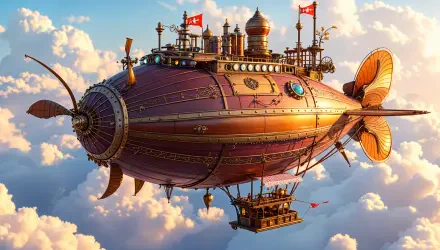 A detailed steampunk airship sails through golden clouds, blending fantasy and Victorian design in this 4K Ultra HD PC desktop wallpaper.