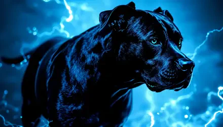 Vibrant 4K Ultra HD image of a pitbull dog set against an electrifying blue background, highlighting its strong features and intense gaze.
