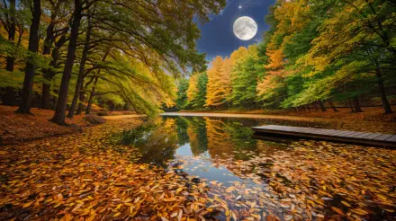 Moonlit lake surrounded by autumn trees with colorful leaves, reflecting the full moon in the calm water, captured in stunning 4K Ultra HD resolution.