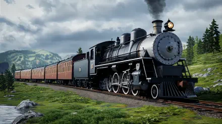 A vintage locomotive steam train travels through a lush landscape, billowing smoke against a backdrop of mountains and cloudy skies, captured in stunning 4K Ultra HD.