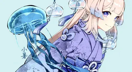 HD PC desktop wallpaper featuring Sangonomiya Kokomi, a girl from the video game Genshin Impact, illustrated with jellyfish and soft blue tones.
