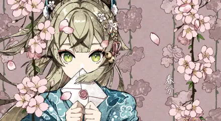 HD PC desktop wallpaper featuring Kirara from Genshin Impact, surrounded by pink cherry blossoms with delicate petals falling against a soft, muted background.