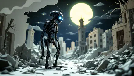 A futuristic skeletal figure stands amidst a desolate urban landscape under a large moon, embodying the bugcore aesthetic in this striking 4K Ultra HD wallpaper.