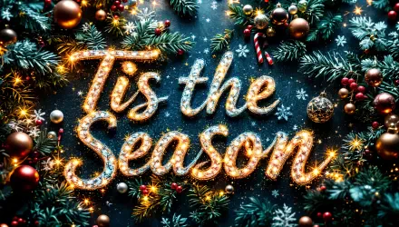 A vibrant 4K Ultra HD wallpaper featuring the festive phrase Tis the Season, surrounded by Christmas ornaments, candy canes, and lush greenery, evoking holiday cheer.