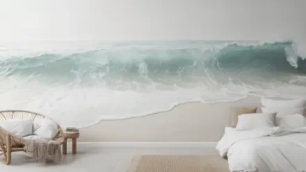 Aesthetic indoor bedroom featuring a serene ocean mural with gentle waves, complemented by natural decor elements, creating a calming atmosphere. High-definition desktop wallpaper.