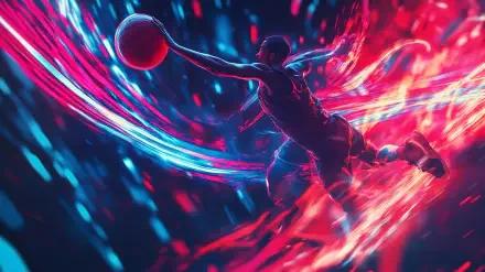 A dynamic basketball player performs a slam dunk, surrounded by vibrant neon swirls of red and blue, creating an energetic atmosphere in this HD desktop wallpaper.