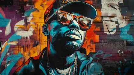 Vibrant graffiti mural featuring a person wearing sunglasses and a cap, accentuated by bold colors and dynamic patterns, making for an engaging HD PC desktop wallpaper and background.
