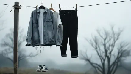 A minimalist capsule wardrobe displayed on a clothesline, featuring a denim jacket, a white tee, black jeans, and sneakers against a foggy backdrop, designed as a 4K Ultra HD desktop wallpaper.