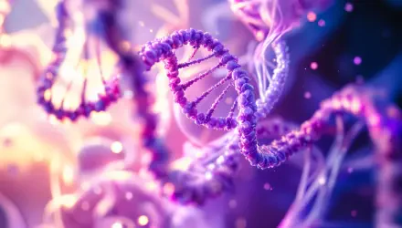 A vibrant, abstract depiction of a double helix, featuring intricate strands in shades of purple and blue, perfect as a 4K Ultra HD PC desktop wallpaper or background.