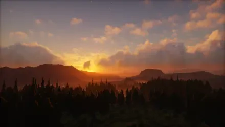 HD Minecraft desktop wallpaper depicting a vibrant sunset casting warm light over a dense forest with distant mountains under a partly cloudy sky.