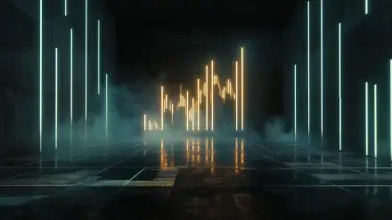 A minimalist, futuristic architecture scene featuring glowing neon elements and soft fog. This HD wallpaper creates a vibrant, immersive atmosphere for PC desktops.