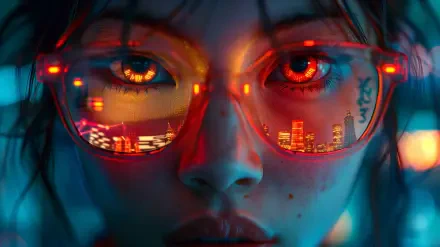 A cyberpunk girl with striking red eyes wears stylish glasses, reflecting a vibrant cityscape, set against a moody, colorful background. A captivating HD desktop wallpaper.