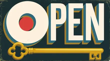 Vintage-style 4K Ultra HD desktop wallpaper featuring the word OPEN with a red circle in the letter O and a gold antique key beneath the text.