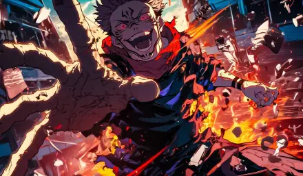 Dynamic HD PC desktop wallpaper featuring intense action scene from Jujutsu Kaisen with a fierce character reaching forward amidst fiery chaos.