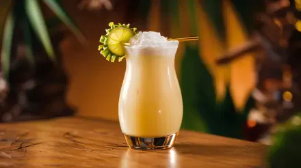 A refreshing Pina Colada in an elegant glass, garnished with a pineapple slice, against a warm, tropical backdrop. This vibrant image serves as a stunning 4K Ultra HD desktop wallpaper.