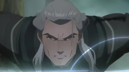 Anime-style image of Geralt of Rivia from The Witcher: Sirens of the Deep, showcasing an intense expression and dynamic action in a high-definition desktop wallpaper.