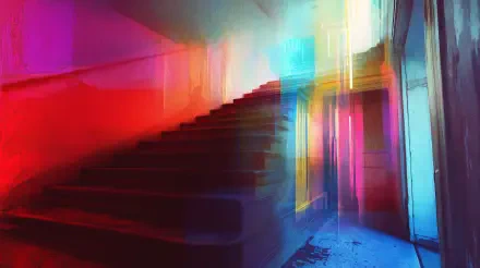 A vibrant 4K Ultra HD desktop wallpaper featuring chromatic aberration effects, showcasing a staircase illuminated with striking colors and shifting light.