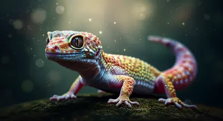 A vibrant gecko with striking colors sits on a rock, surrounded by a softly illuminated, magical background, offering a captivating 4K Ultra HD wallpaper experience.