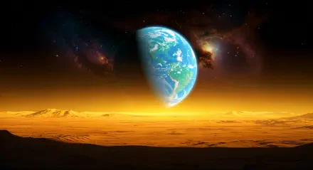 A stunning 4K Ultra HD background depicting a planet rising above a golden horizon, set against a backdrop of stars and distant galaxies.