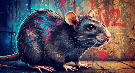 A vibrant and detailed illustration of a rat, featuring colorful graffiti elements in the background, designed as a 4K Ultra HD PC desktop wallpaper.
