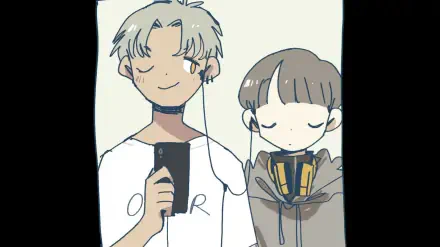 Two characters with casual styles share a moment, one holding a phone while listening to music. This HD wallpaper features themes from the video game Afterlove EP.