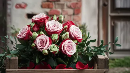 A lush rose bouquet featuring pink and red blooms, surrounded by greenery, set against a rustic brick background. This vibrant image serves as a stunning 4K Ultra HD wallpaper.