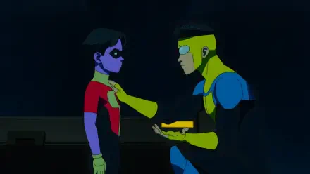 A scene from the TV show Invincible, featuring Mark Grayson interacting with a young hero, set against a dark background. A vibrant 4K Ultra HD wallpaper design.