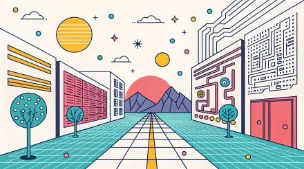 A vibrant illustration of a futuristic landscape featuring geometric buildings, mountains, and celestial elements, embodying the theme of cyberspace. 4K Ultra HD wallpaper.