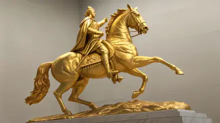 A striking golden statue of a mounted warrior in mid-gallop, showcasing the art of horseback riding. This 4K Ultra HD image serves as an impressive desktop wallpaper.