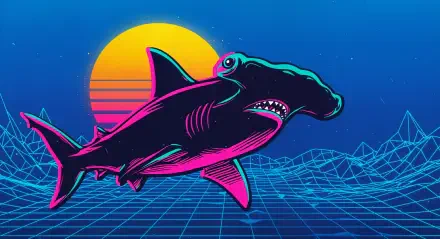 A vibrant illustration of a hammerhead shark swims against a retro-styled sunset and geometric background, showcasing a dynamic 4K Ultra HD design for desktop wallpaper.