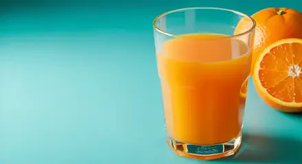 A refreshing glass of orange juice sits on a teal background, accompanied by a halved orange, creating a vibrant 4K Ultra HD desktop wallpaper.