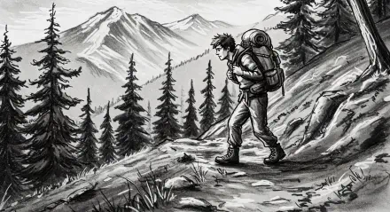 A backpacker walks along a rugged trail surrounded by tall pine trees and mountains, captured in a dramatic black-and-white illustration, ideal as a 4K Ultra HD wallpaper.