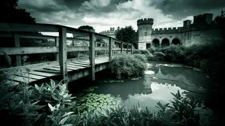 A tranquil moat scene featuring a wooden bridge, lush greenery, and a historic castle structure, captured in striking monochrome for a 4K Ultra HD PC desktop wallpaper.