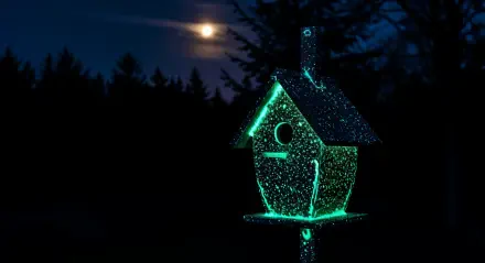 A glowing birdhouse sparkles under a full moon, surrounded by dark silhouettes of trees, captured beautifully in a 4K Ultra HD wallpaper.