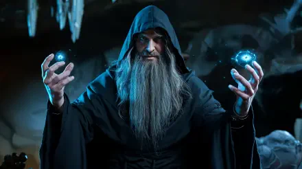 A powerful warlock with a long beard and a hooded cloak conjures glowing orbs of energy in this captivating 4K Ultra HD PC desktop wallpaper.