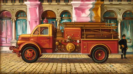 A vintage fire truck stands proudly against a vibrant backdrop, captured in stunning 4K Ultra HD, perfect for desktop wallpaper and backgrounds.