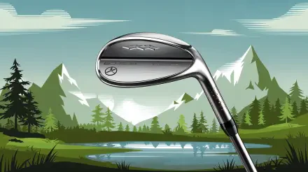 A sleek golf club rests in a scenic landscape with mountains and a serene lake, captured in vibrant detail as a 4K Ultra HD PC desktop wallpaper.