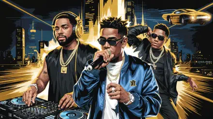A vibrant 4K Ultra HD wallpaper featuring three hip-hop artists in an urban setting, showcasing a DJ at turntables and a performer with a microphone against a dynamic city backdrop.