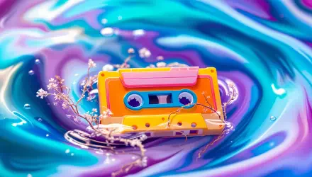 A retro 90s cassette tape floats amid vibrant swirls of purple and blue, adorned with delicate flowers. This 4K Ultra HD wallpaper captures a nostalgic aesthetic.
