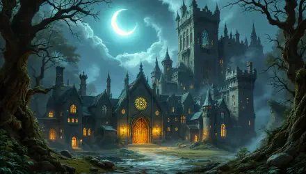 A medieval village scene showcases a mystical castle under a crescent moon, surrounded by dark trees and an enchanting atmosphere, captured in stunning 4K Ultra HD quality.