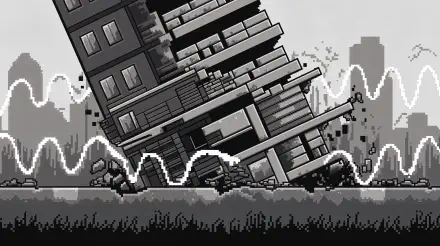 A striking 4K Ultra HD desktop wallpaper depicting a tilted building amidst earthquake waves, conveying the chaos and impact of seismic activity in a dramatic grayscale scene.
