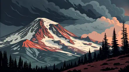 A stunning 4K Ultra HD image of Mount Rainier, showcasing its majestic snow-capped peak against a dramatic sky and silhouetted trees in the foreground.