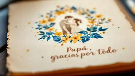 A beautifully illustrated Father's Day card featuring a couple surrounded by colorful flowers, with the message Papá, gracias por todo, celebrating gratitude and love. 4K Ultra HD quality.