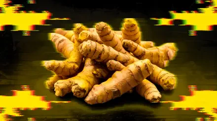 A vibrant close-up of fresh turmeric roots, showcasing their rich yellow hue against a dark background, designed as a 4K Ultra HD desktop wallpaper.