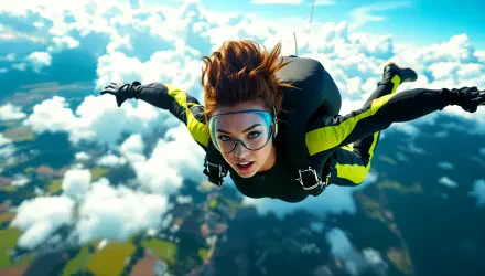 A dynamic skydive captures a person soaring through the clouds against a vibrant blue sky, showcasing the thrill of skydiving in stunning 4K Ultra HD detail.