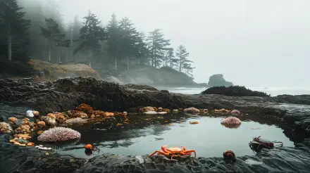 A serene tide pool amidst rocky shores, featuring various marine life like crabs and sea anemones, framed by misty trees and a coastal backdrop. 4K Ultra HD wallpaper.
