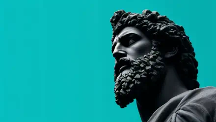 A striking Greek statue in deep black against a vibrant turquoise background, capturing intricate details of the beard and facial features, showcased as a 4K Ultra HD PC wallpaper.