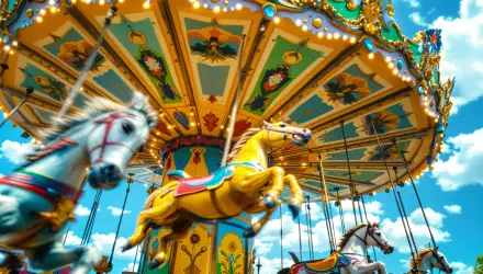 A vibrant carousel with intricately painted horses spins under a bright blue sky, showcasing colorful details and festive lights in this stunning 4K Ultra HD wallpaper.